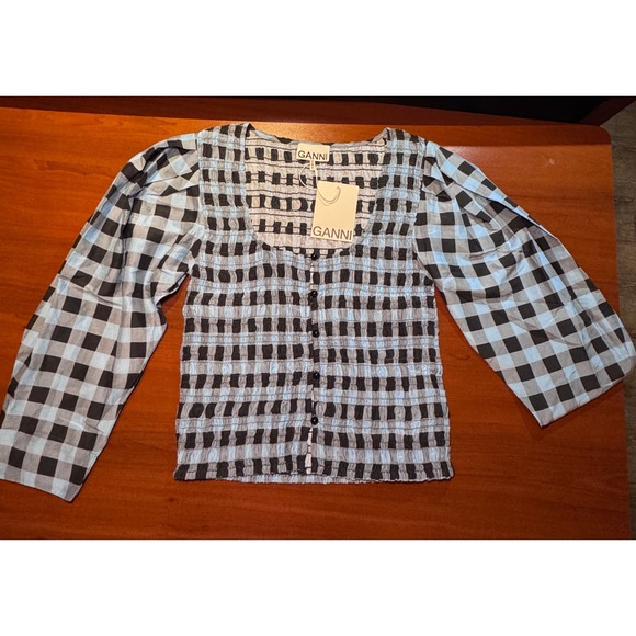 Ganni Tops - Ganni Smocked Top Puff Sleeve Checkered Blouse Alaskan Blue Button Up Size S